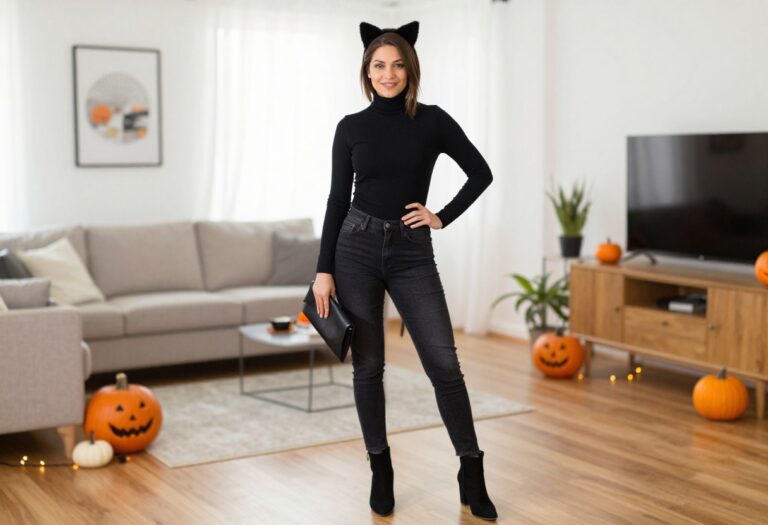 Woman in a simple black cat Halloween costume with cat ears and tail, standing in a decorated living room