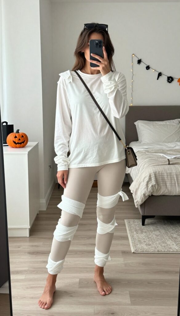 Fashion model in a DIY mummy costume made of white gauze, wearing a white long-sleeve shirt and leggings, accessorized with sunglasses and a crossbody bag, taking a mirror selfie in a bright modern room.