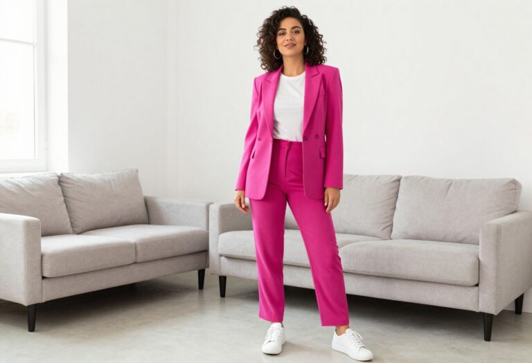 Woman in a fuchsia 80s power suit with white sneakers, posing in a bright living room