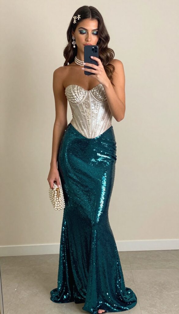 A tall woman in a deep teal sequin mermaid-tail skirt and a silver shell top takes a mirror selfie, accessorized with pearl jewelry and loose beachy waves, in a bright, minimal setting.
