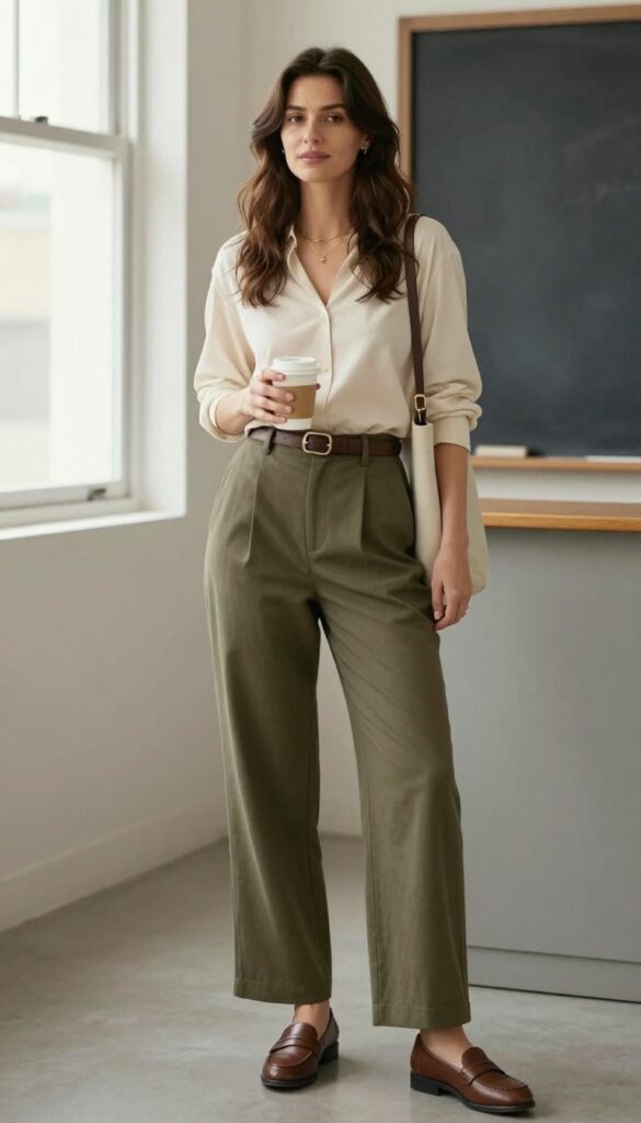 4. Wide-Leg Trousers + Fitted Blouse + Loafers