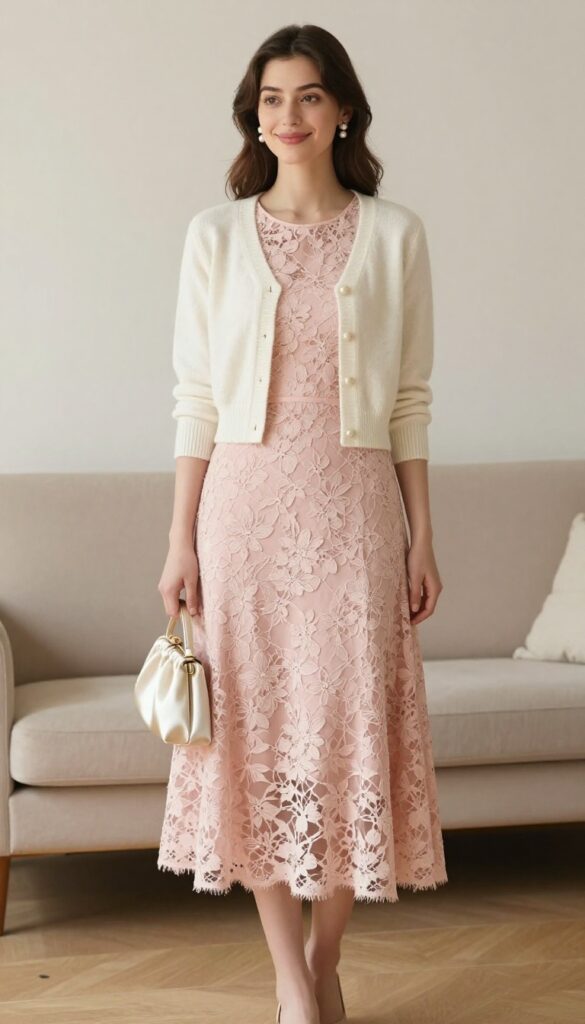 4. Vintage Lace A-Line Dress with a Cardigan