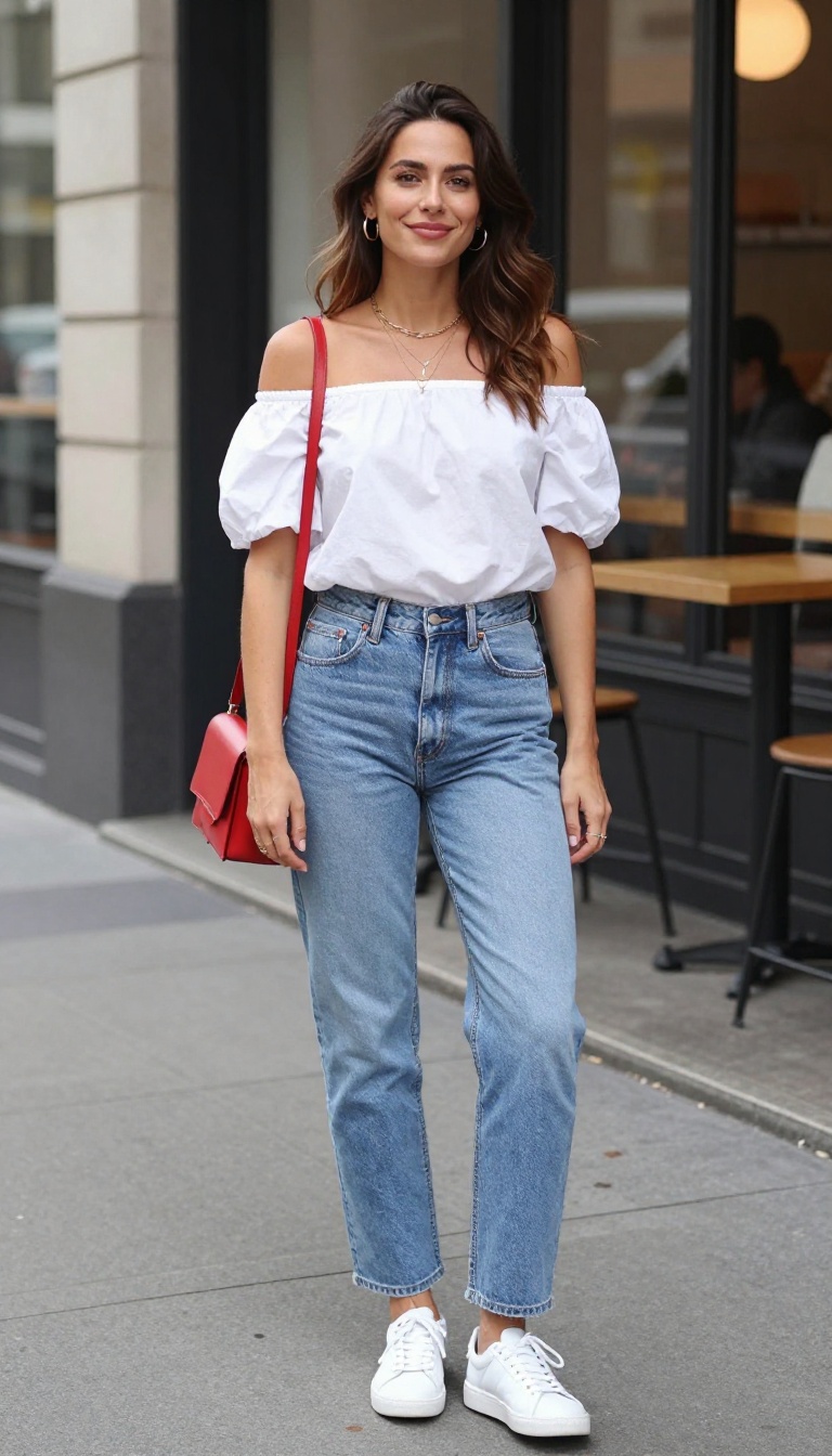 3. Off-the-Shoulder Top and High-Waisted Jeans