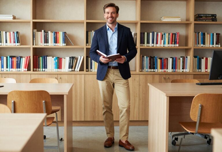 Male teacher wearing a navy blazer, chinos, and loafers in a classroom