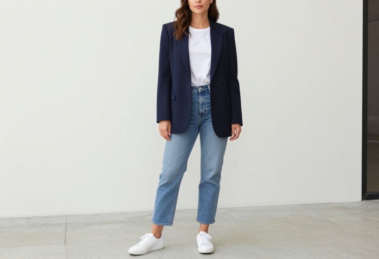 Woman in 80s-inspired outfit with blazer and high-waisted jeans