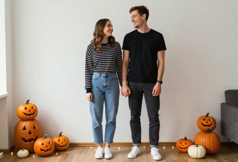 Couple in cute Halloween costumes laughing together in a cozy living room