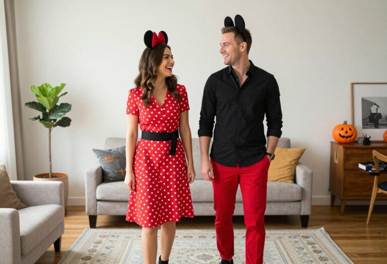 Couple dressed as Mickey and Minnie Mouse laughing together in a living room