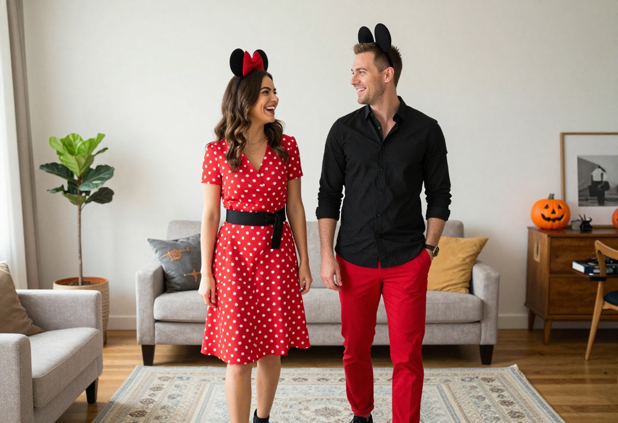 Couple dressed as Mickey and Minnie Mouse laughing together in a living room
