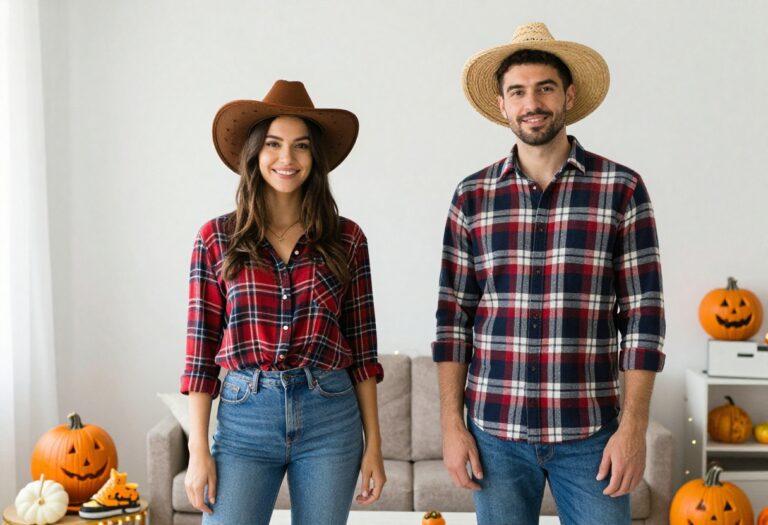 Couple wearing easy cowboy and cowgirl Halloween costumes made from everyday clothes