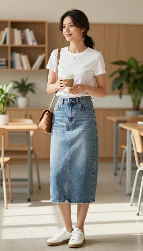 5. The Denim Skirt and Simple Tee Outfit