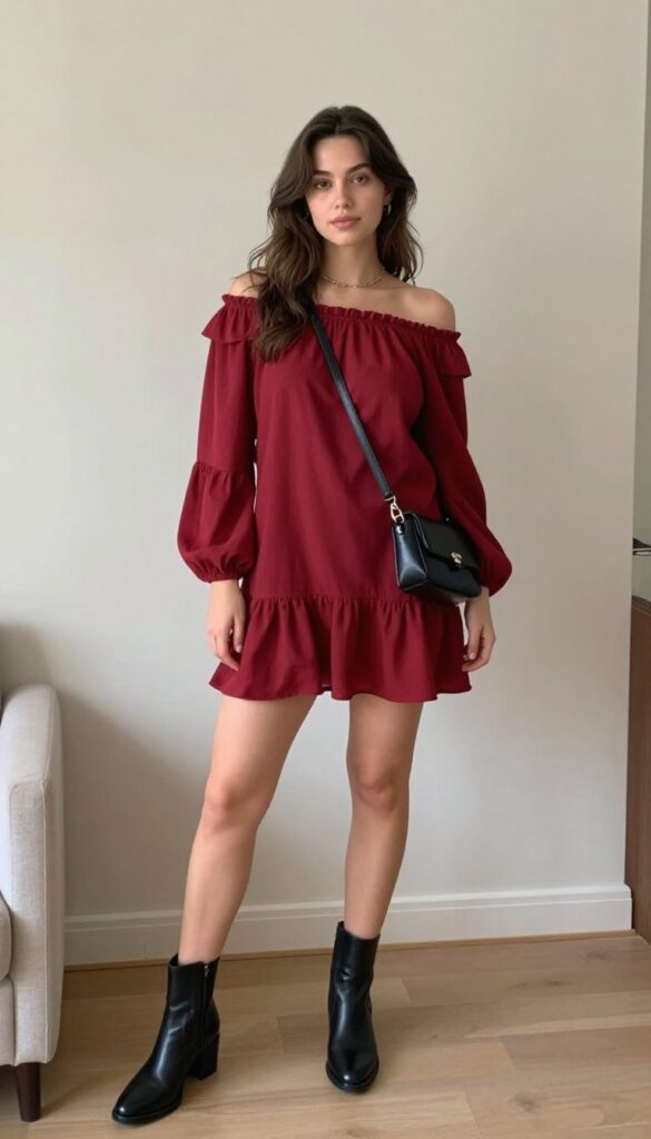 3. Off-the-Shoulder Ruffled Dress with Ankle Boots