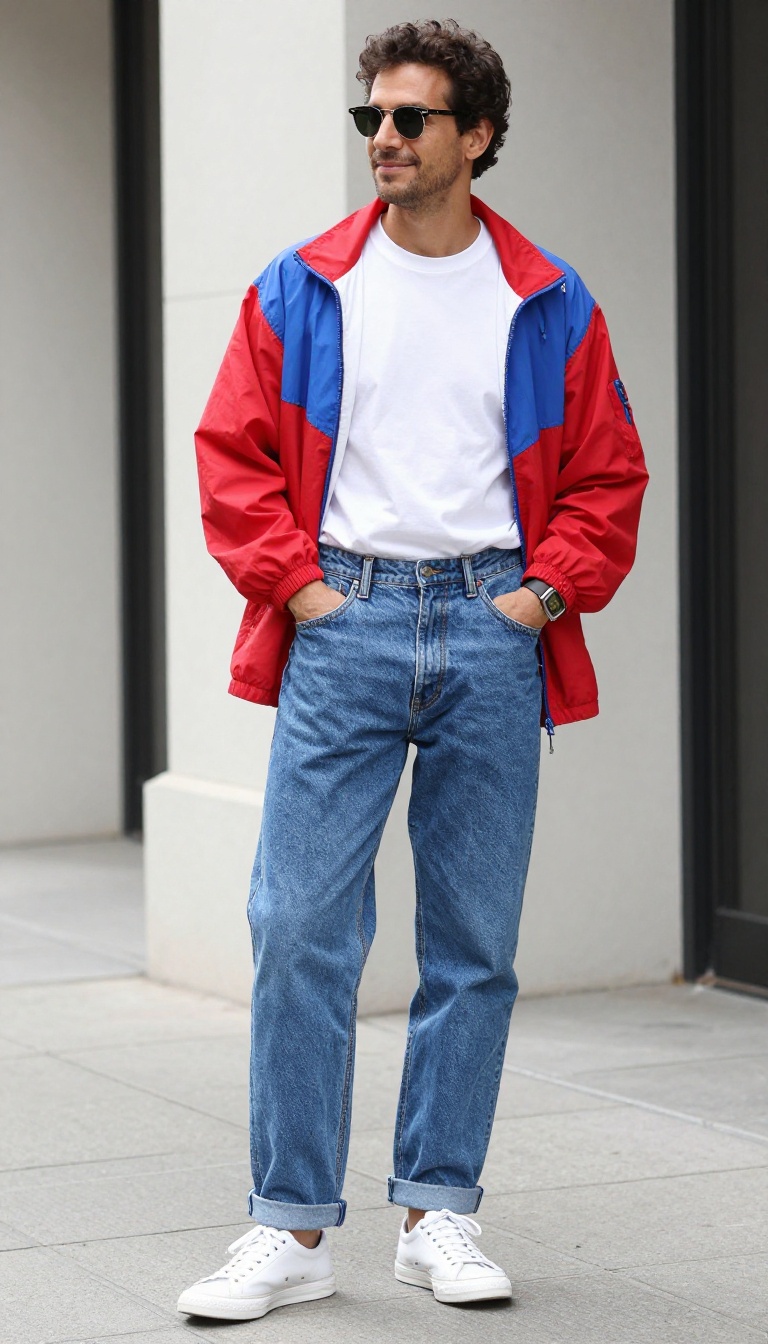 12. The Retro Windbreaker and Dad Jeans Outfit