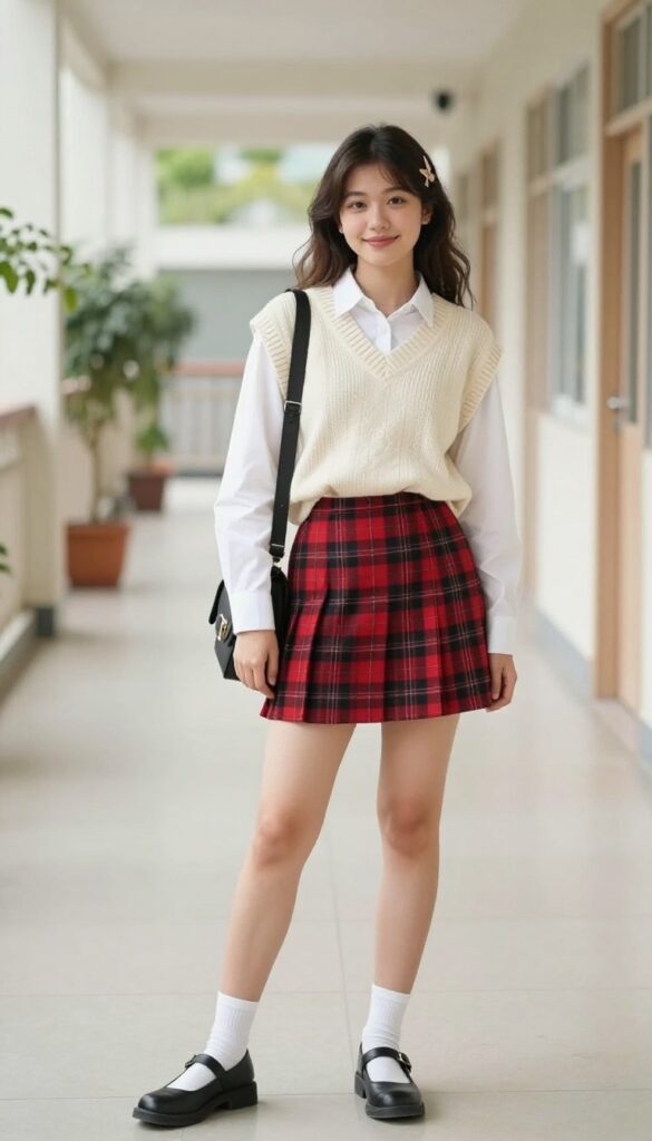 10. Plaid Mini Skirt with a Knit Sweater Vest