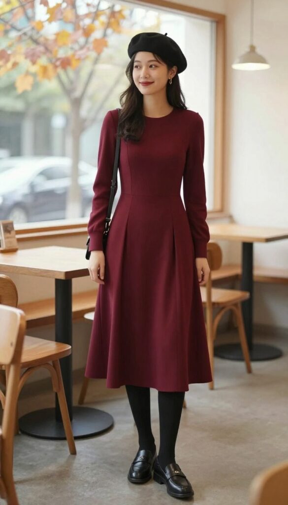 7. Burgundy A-Line Dress with Tights and Loafers