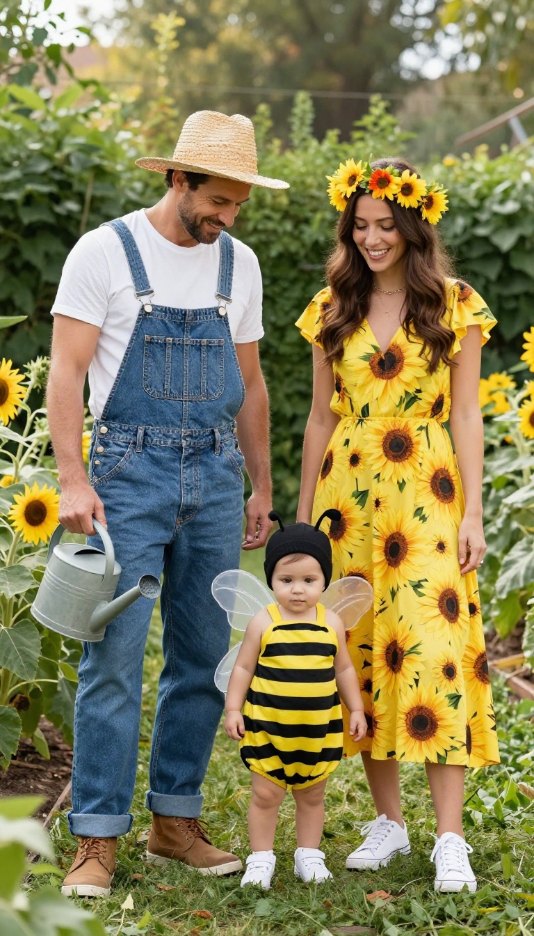 4. Garden Party: Sunflower, Gardener, and a Buzzing Bee