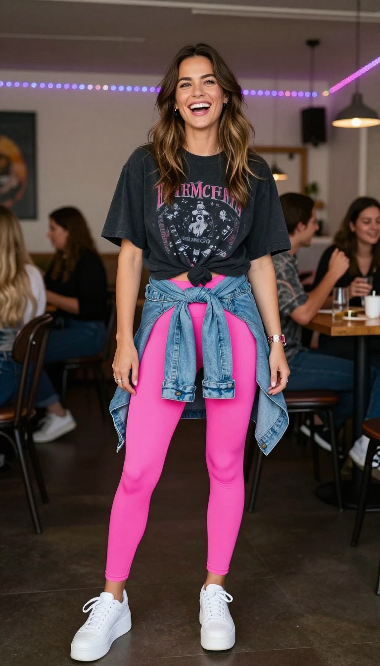 5. Neon Leggings with an Oversized Graphic Tee