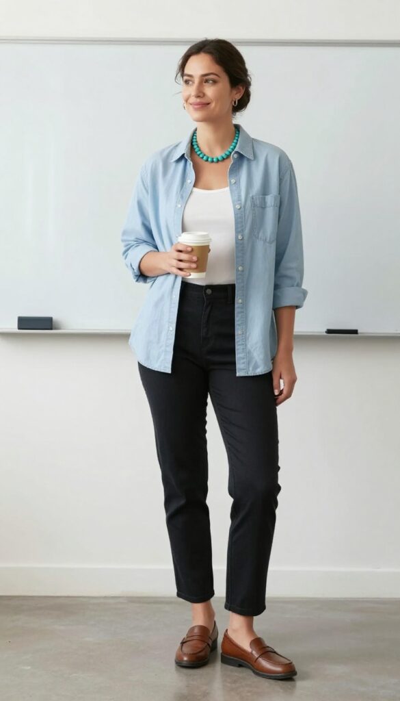9. The Chambray Shirt with Black Trousers