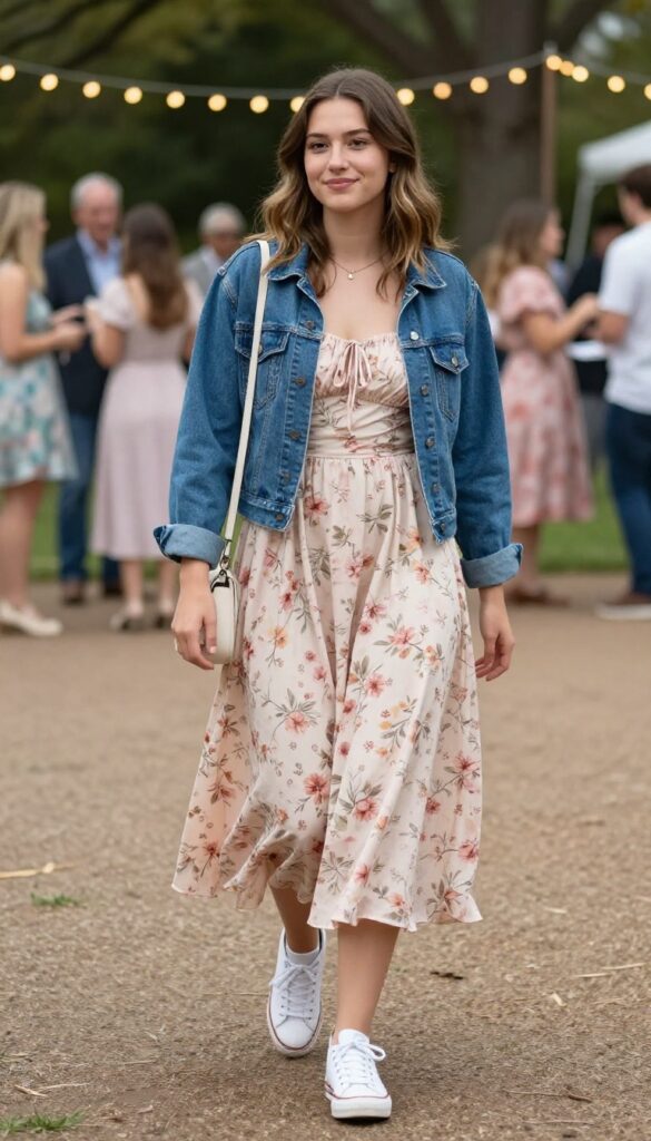 7. Vintage Floral Print Dress with Denim Jacket