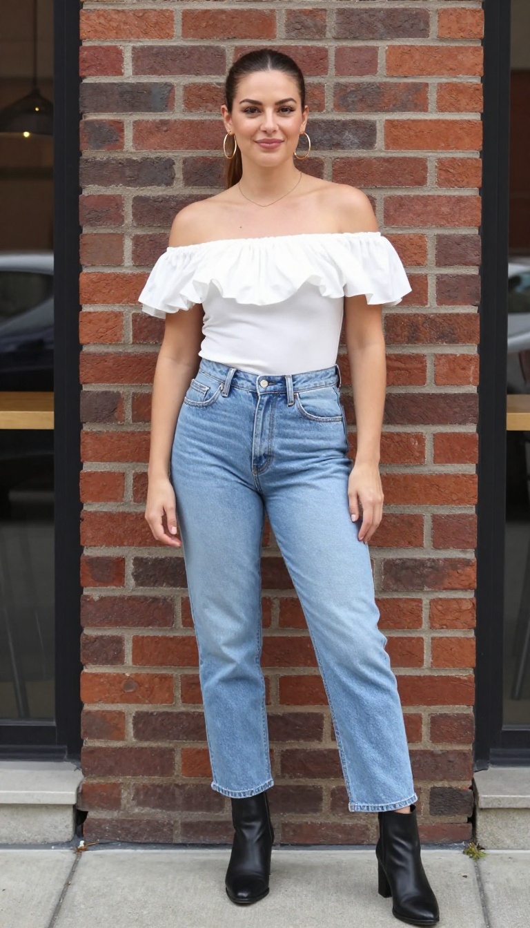6. Off-the-Shoulder Top and High-Waisted Jeans