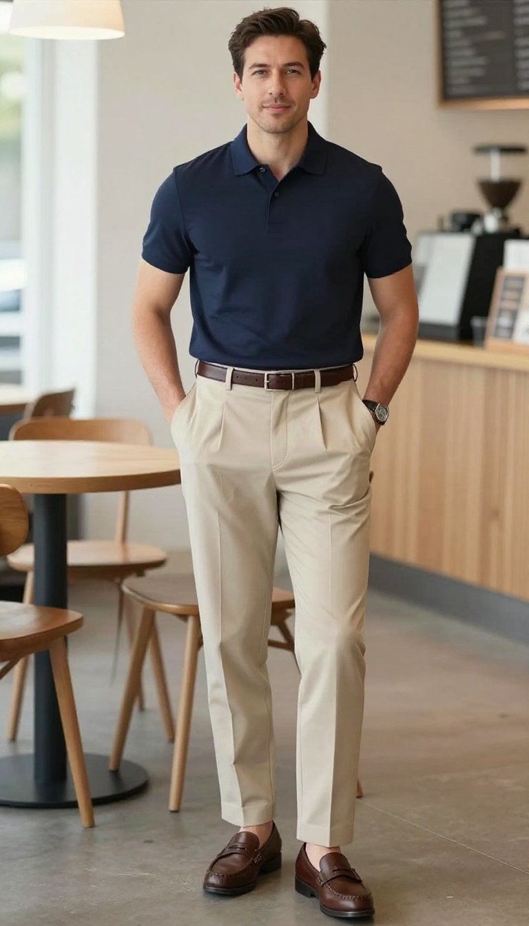 11. The Polo Shirt and Pleated Trousers Look