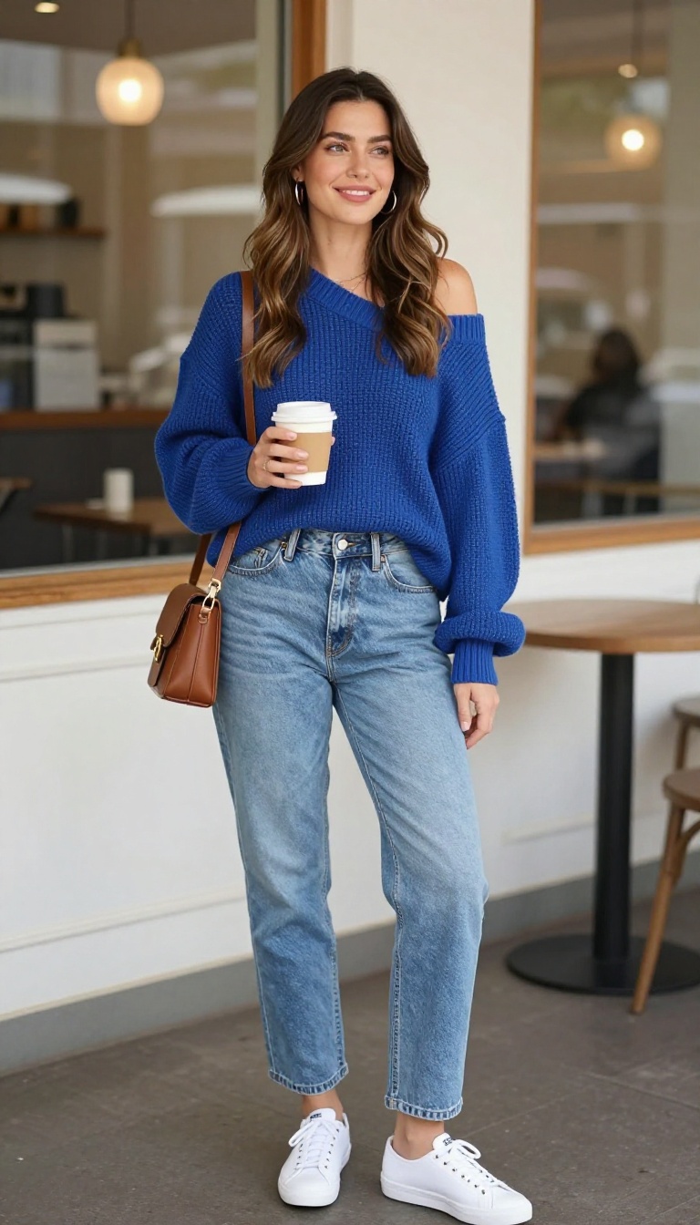 5. Off-the-Shoulder Sweater and Mom Jeans