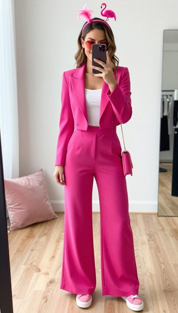 Fashion model in a hot pink jumpsuit and feather headpiece taking a mirror selfie for a flamingo Halloween costume idea