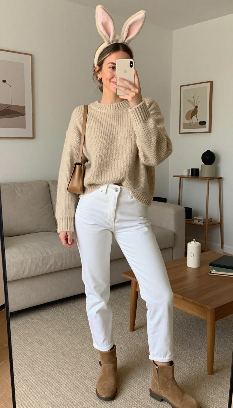 4. Bunny Ears: Neutral Outfit + Fluffy Tail