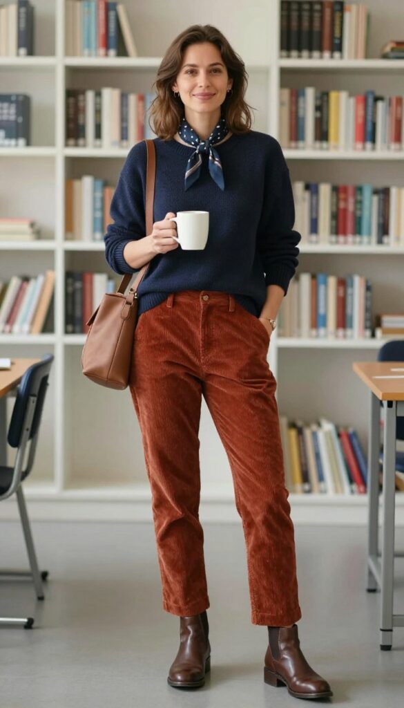 8. Corduroy Pants with a Cozy Crewneck Sweater
