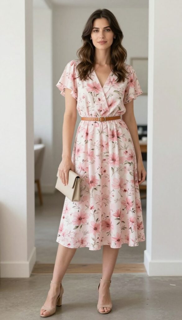 5. A-Line Floral Dress with Thin Belt