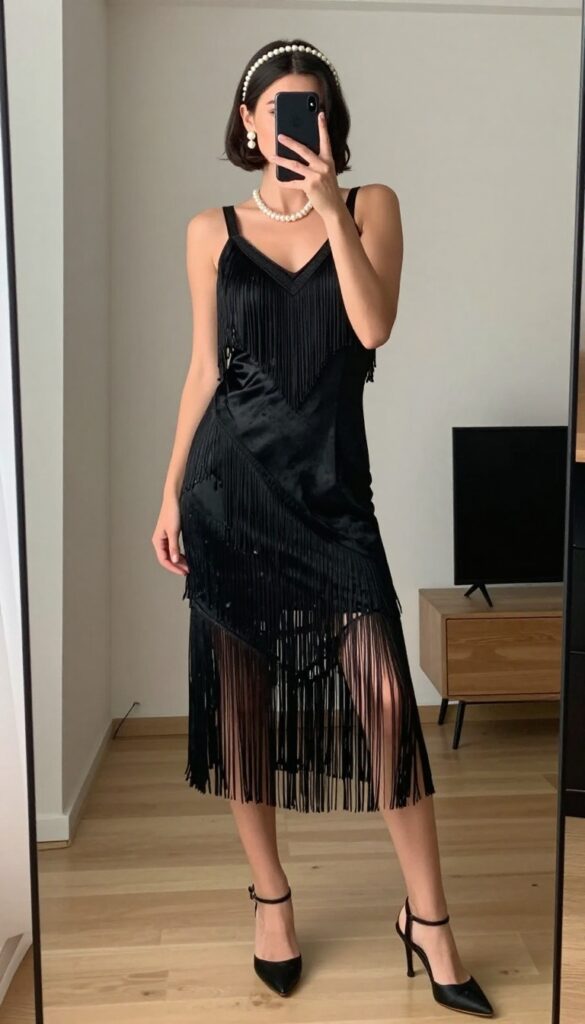 Woman in a black fringed flapper dress with pearl headband and T-strap heels, taking a mirror selfie in a bright room.