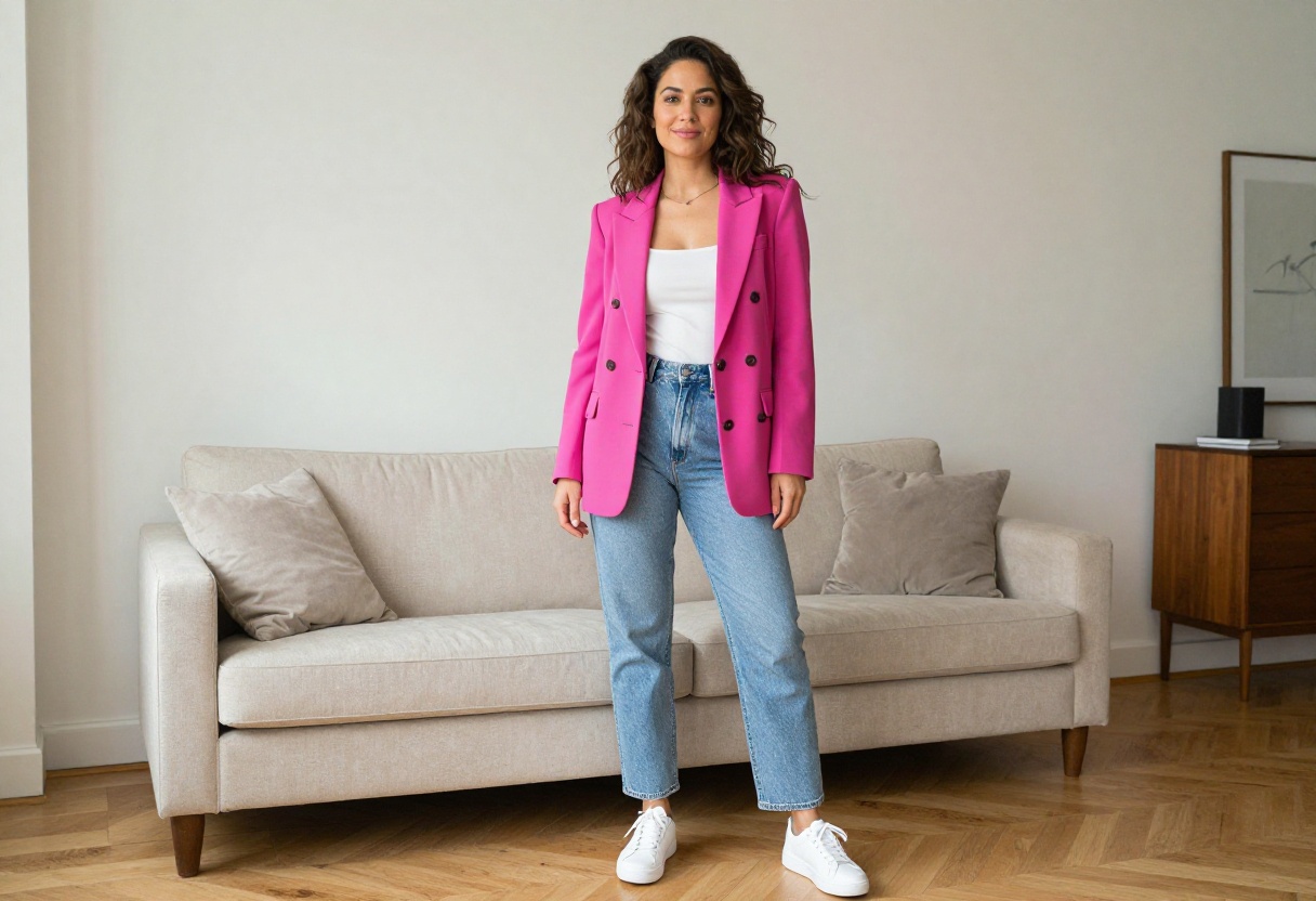 Woman in 80s-inspired fuchsia blazer and high-waisted jeans