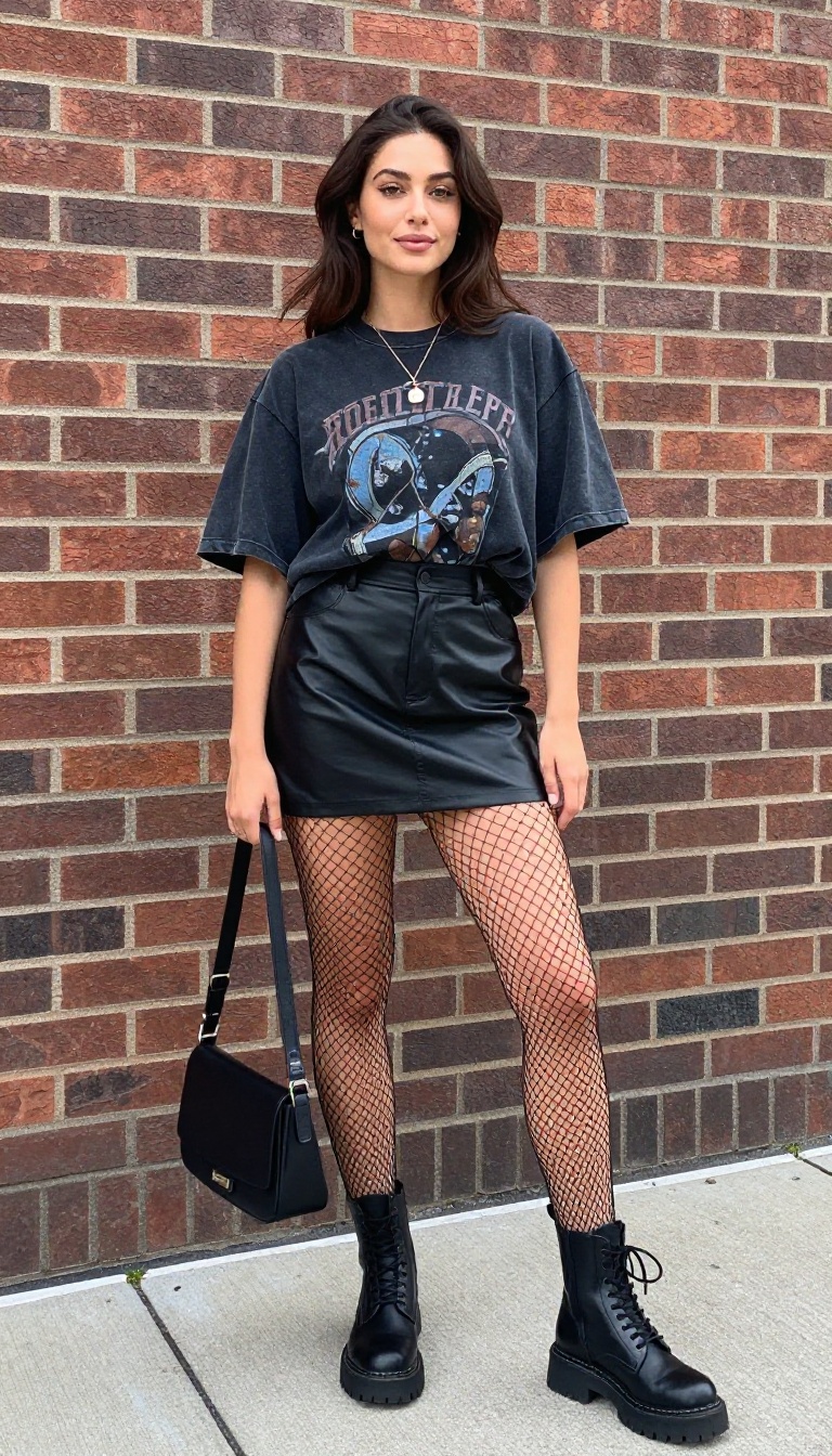 4. The Graphic Tee and Leather Skirt Combo