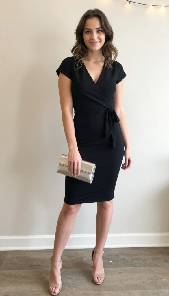 9. Black Wrap Dress with Metallic Clutch
