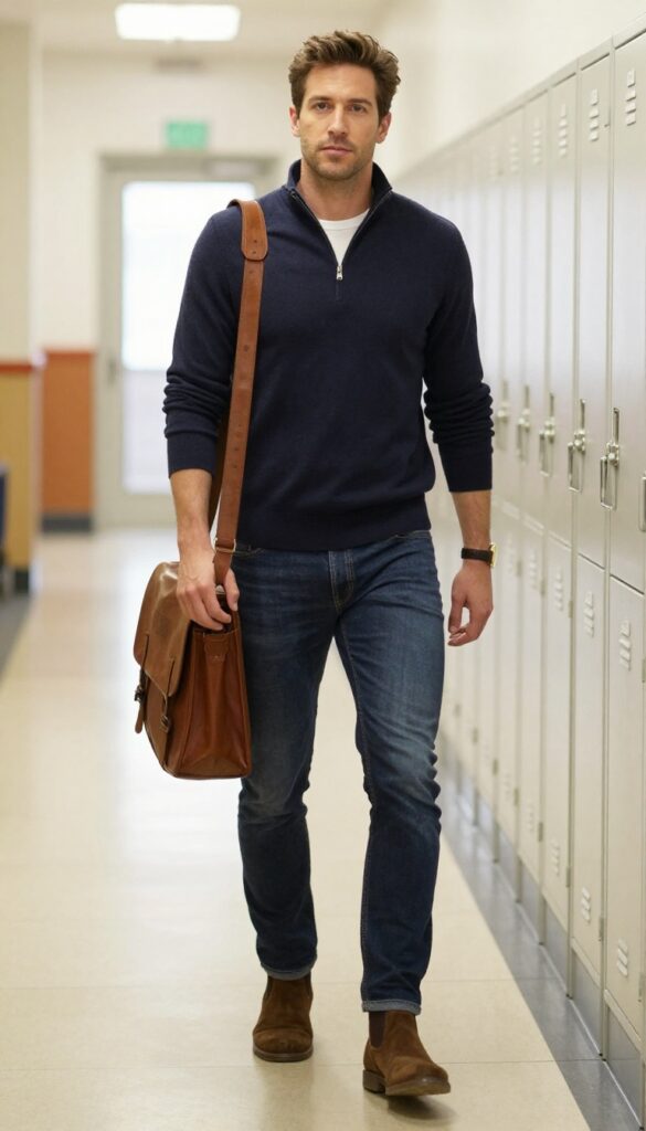 8. The Quarter-Zip and Dark Denim Look