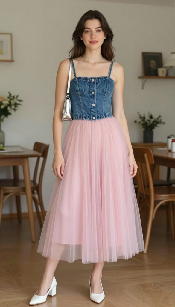 4. Denim Corset Over a Tulle Skirt