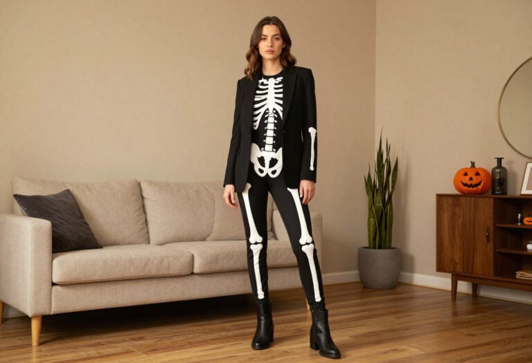 Woman wearing a stylish skeleton costume with a blazer and ankle boots