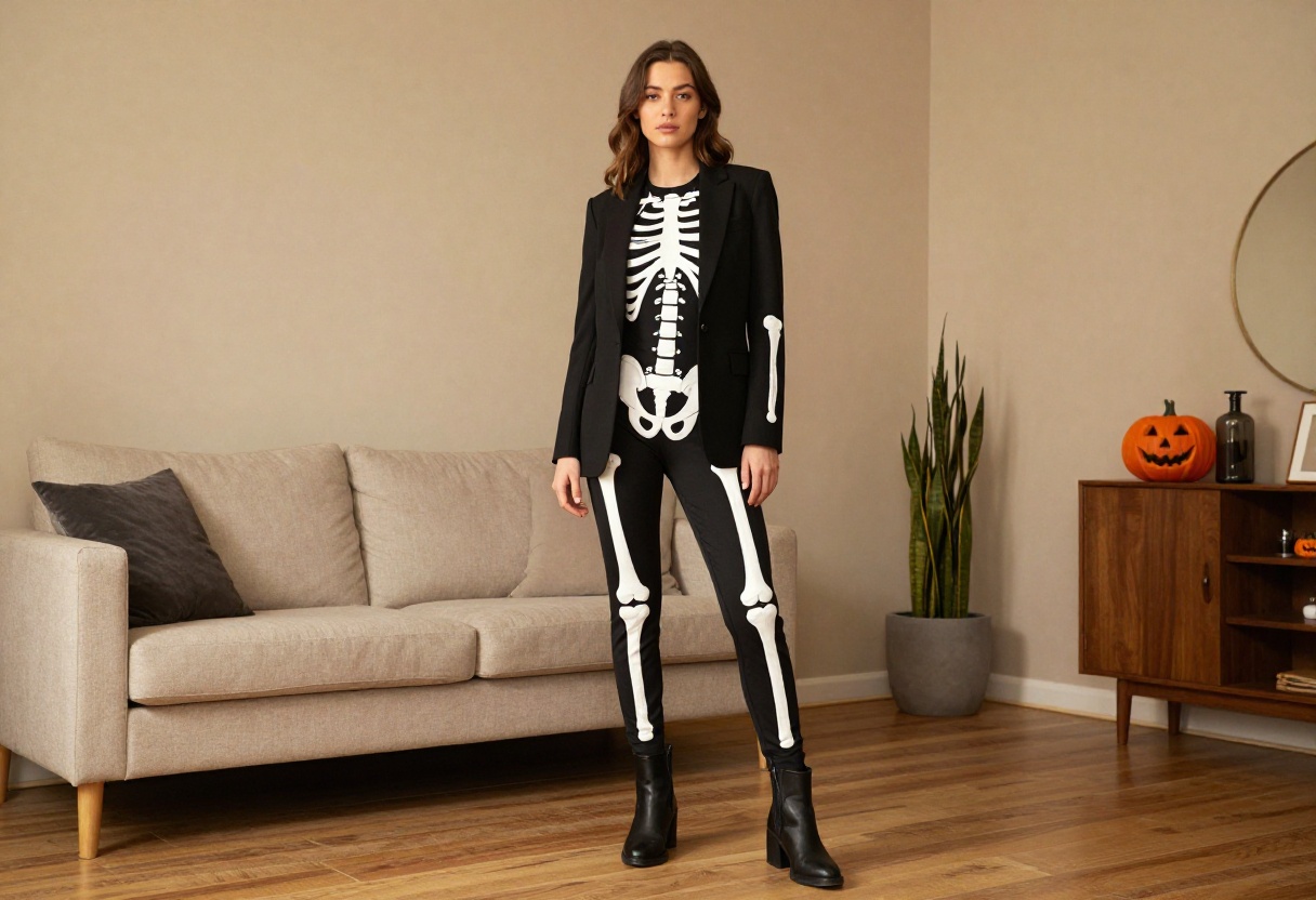 Woman wearing a stylish skeleton costume with a blazer and ankle boots