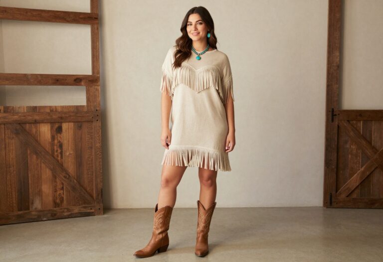 Woman in a fringe western homecoming dress with cowboy boots and turquoise jewelry, standing in a rustic barn setting.