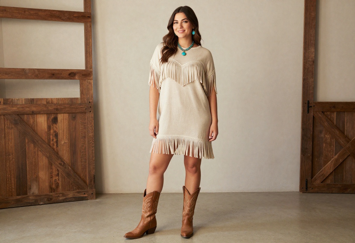 Woman in a fringe western homecoming dress with cowboy boots and turquoise jewelry, standing in a rustic barn setting.