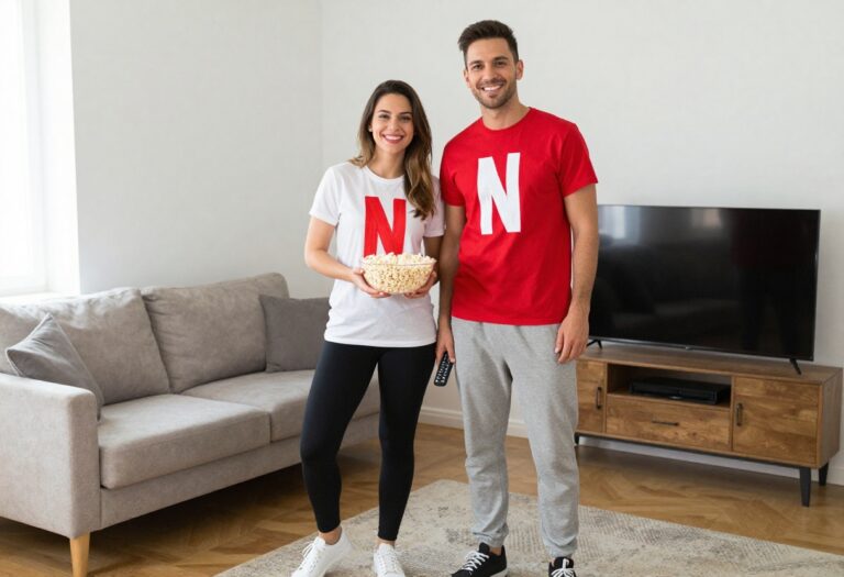 Couple wearing DIY Netflix and Chill Halloween costumes, smiling in a living room
