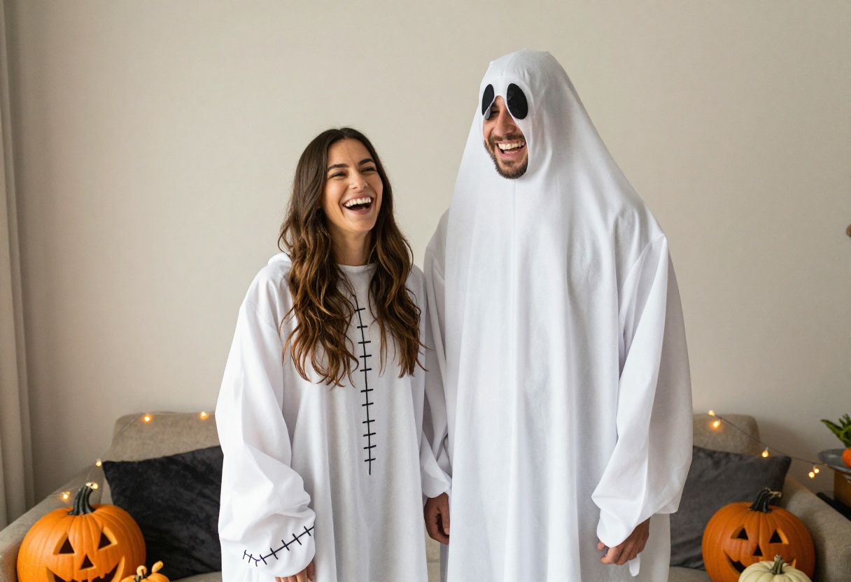Couple in matching ghost costumes laughing together in a cozy living room