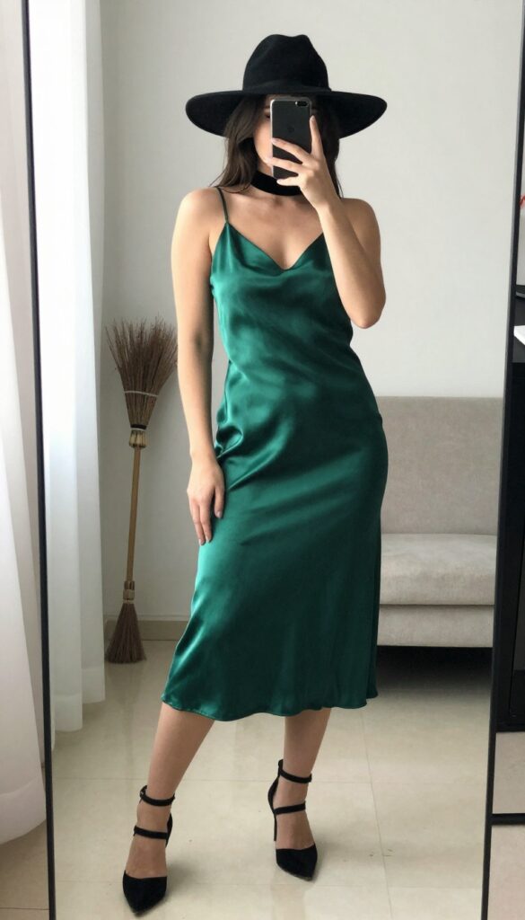 Woman in emerald satin slip dress and black wide-brimmed hat taking a mirror selfie, holding a small broom prop, with a black velvet choker and black ankle boots, in a bright, stylish room.