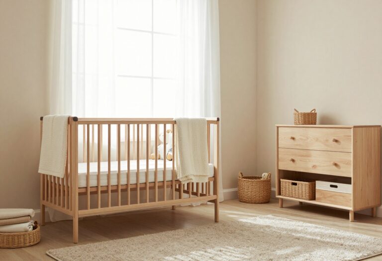 Cozy neutral baby boy nursery with a light wood crib, warm beige walls, soft knit blanket, and woven basket storage in bright natural light