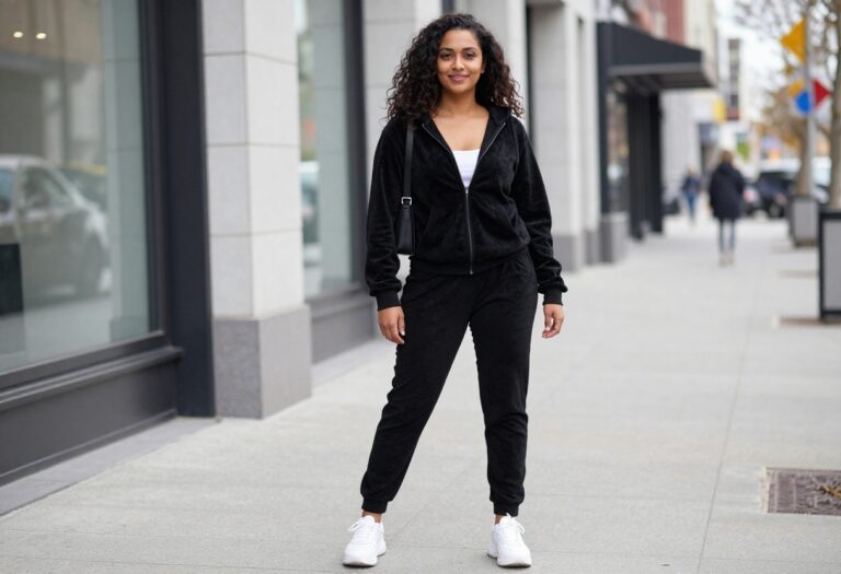 Woman wearing a black velour tracksuit with white sneakers and a small shoulder bag, standing on a city sidewalk.