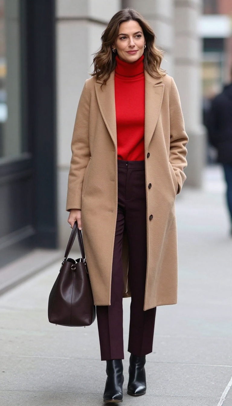 5. Red Turtleneck with a Camel Coat