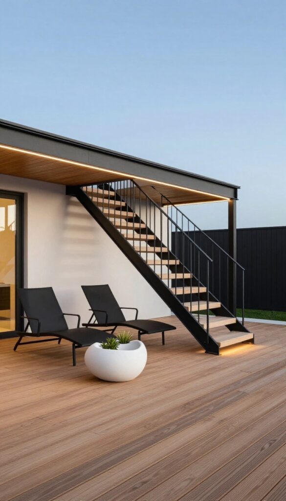 Minimalist modern backyard deck with clean lines, matte black railing, integrated stair lighting, and sparse neutral furniture under bright natural light
