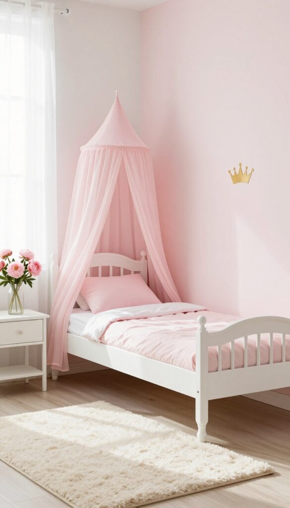 Bright princess bedroom with a white bed centered on a soft pink arch-painted statement headboard wall, gold crown decal, sheer curtains, and pink peonies on a nightstand.