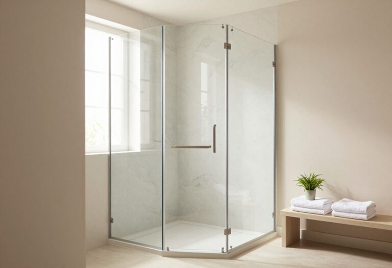 Bright modern bathroom with a frameless glass shower cubicle, white marble tiles, minimal hardware, and soft natural light