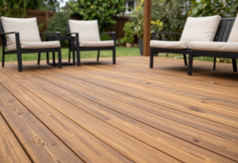 Freshly stained warm cedar wooden deck with black metal furniture and cream cushions in bright natural light
