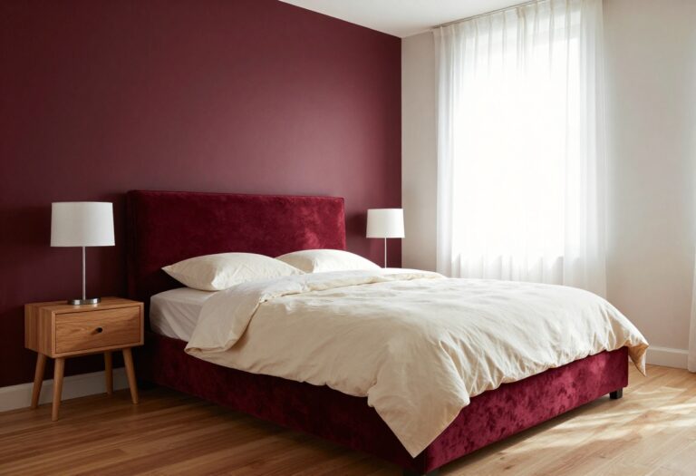Bedroom with a deep burgundy accent wall behind a dark red velvet headboard and cream bedding in bright natural light